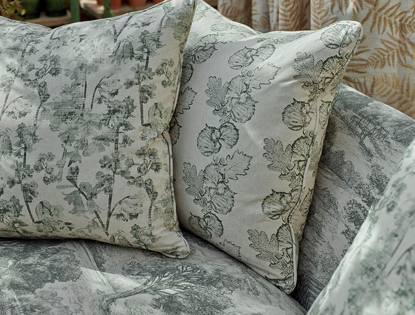 Scatters in Coppice Stripe Forest Green Woodland Flora Forest Green on Woodland Toile Forest Green
